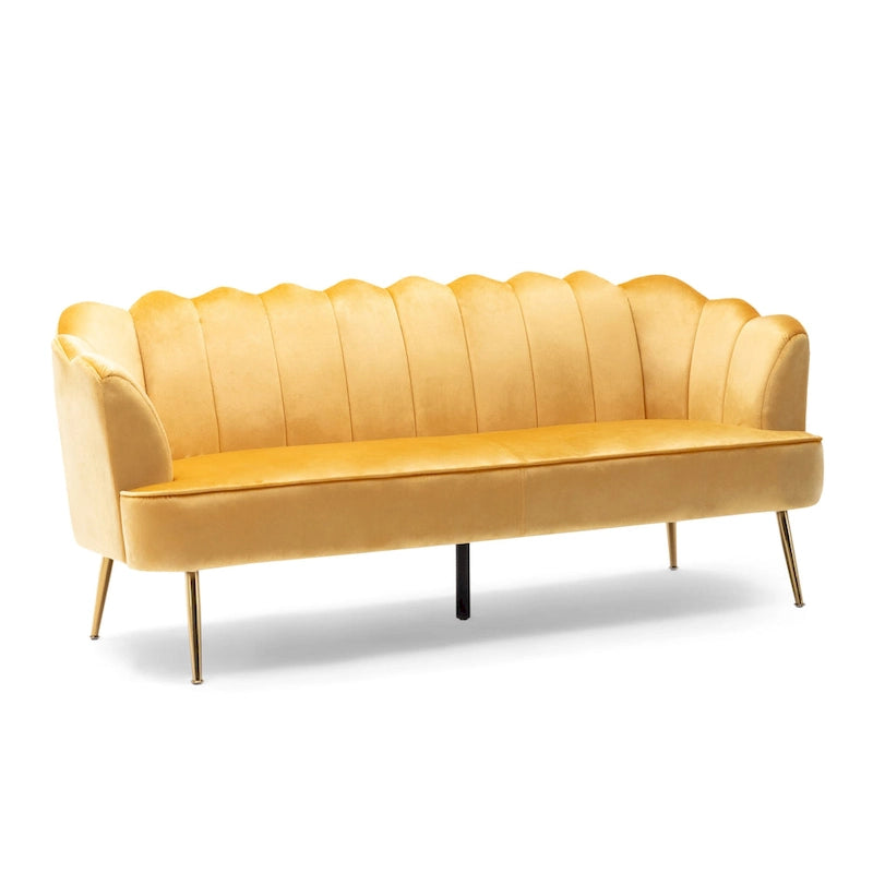 Canapé Coquillage en Velours Rouge Baie / Jaune / Rose Poudré / Bleu Canard / Turquoise / Beige avec Pieds en Fer Doré – 76,25", 3 Places
