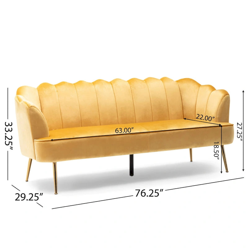 Canapé Coquillage en Velours Rouge Baie / Jaune / Rose Poudré / Bleu Canard / Turquoise / Beige avec Pieds en Fer Doré – 76,25", 3 Places
