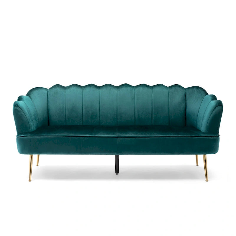 Canapé Coquillage en Velours Rouge Baie / Jaune / Rose Poudré / Bleu Canard / Turquoise / Beige avec Pieds en Fer Doré – 76,25", 3 Places