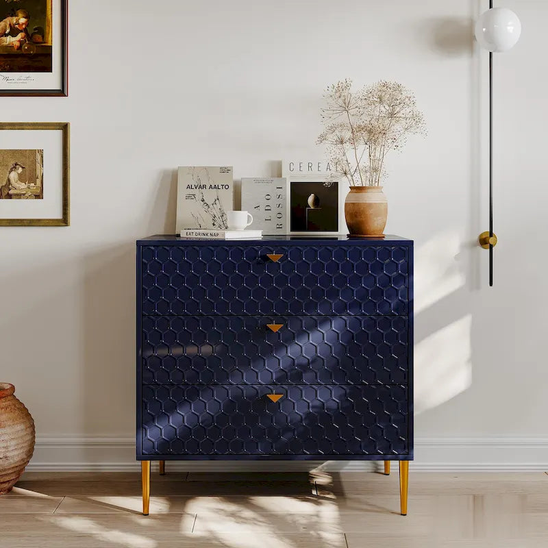 Commode à 3 tiroirs noire / blanche / bleue / verte avec pieds en métal doré – Unité individuelle