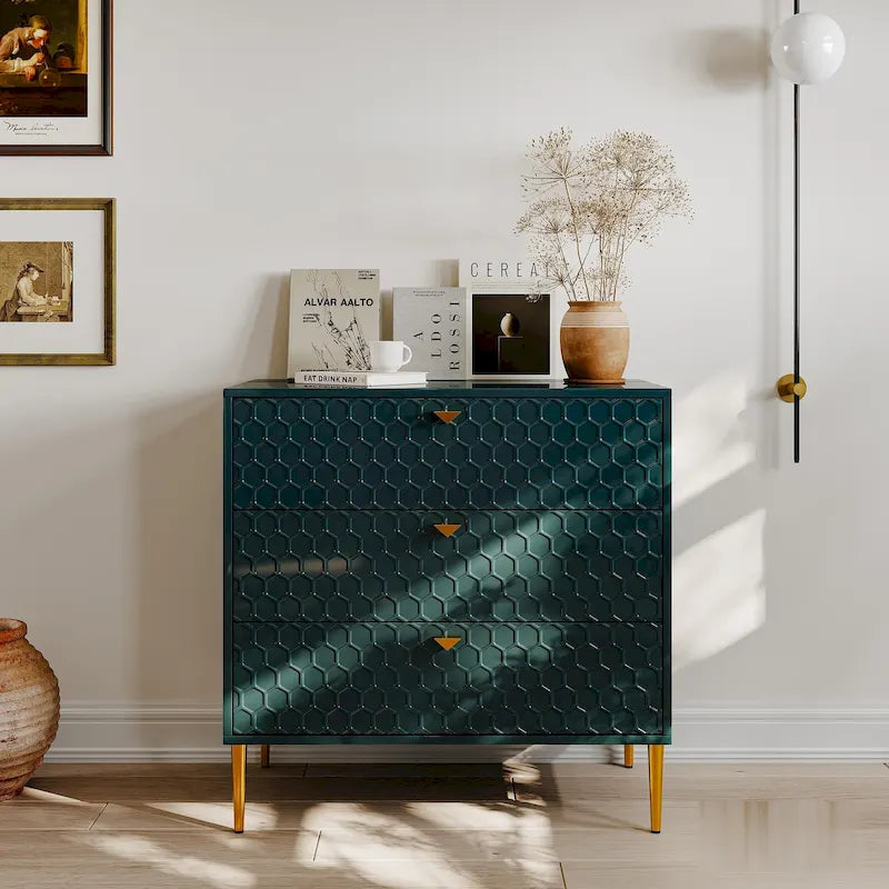 Commode à 3 tiroirs noire / blanche / bleue / verte avec pieds en métal doré – Unité individuelle