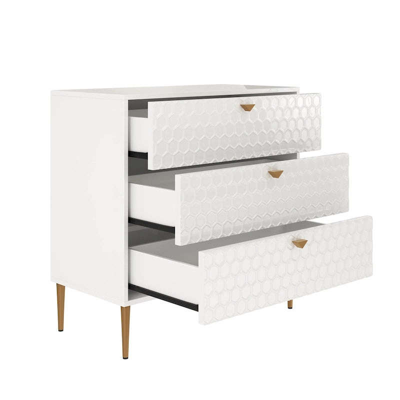 Commode à 3 tiroirs noire / blanche / bleue / verte avec pieds en métal doré – Unité individuelle