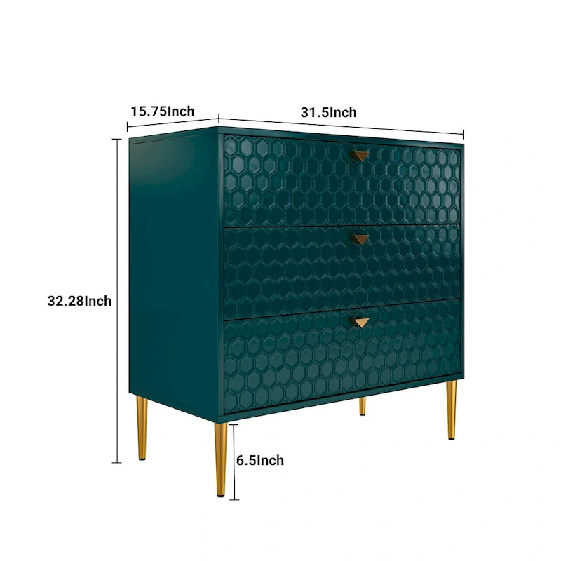 Commode à 3 tiroirs noire / blanche / bleue / verte avec pieds en métal doré – Unité individuelle
