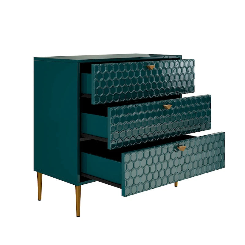 Commode à 3 tiroirs noire / blanche / bleue / verte avec pieds en métal doré – Unité individuelle