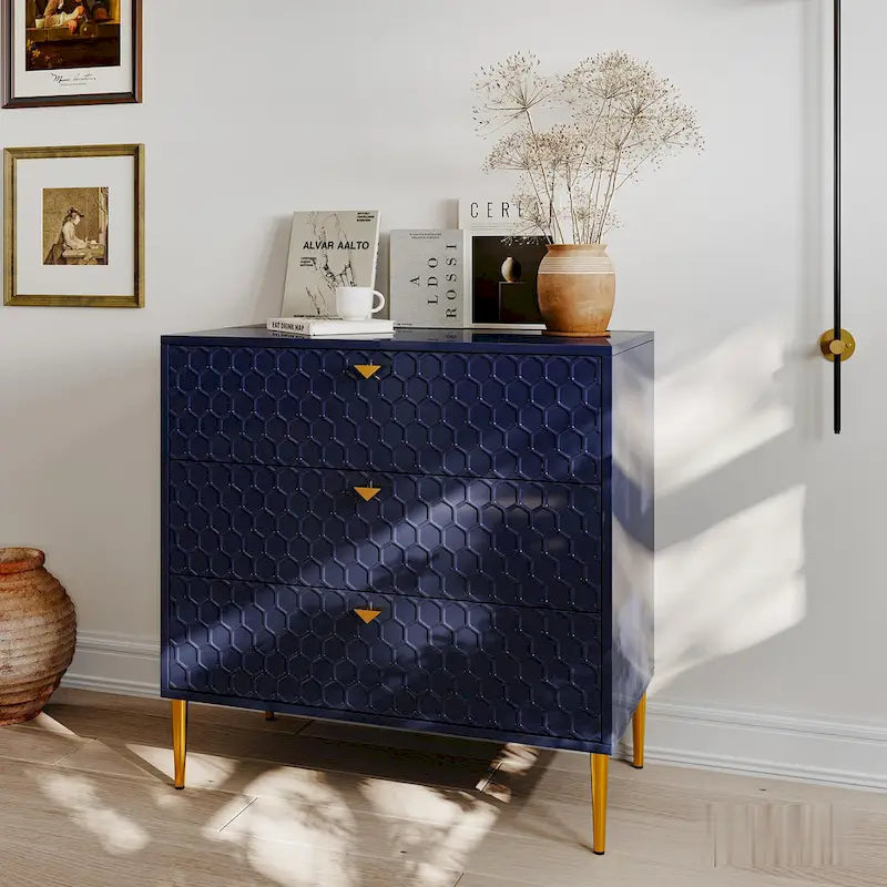 Commode à 3 tiroirs noire / blanche / bleue / verte avec pieds en métal doré – Unité individuelle