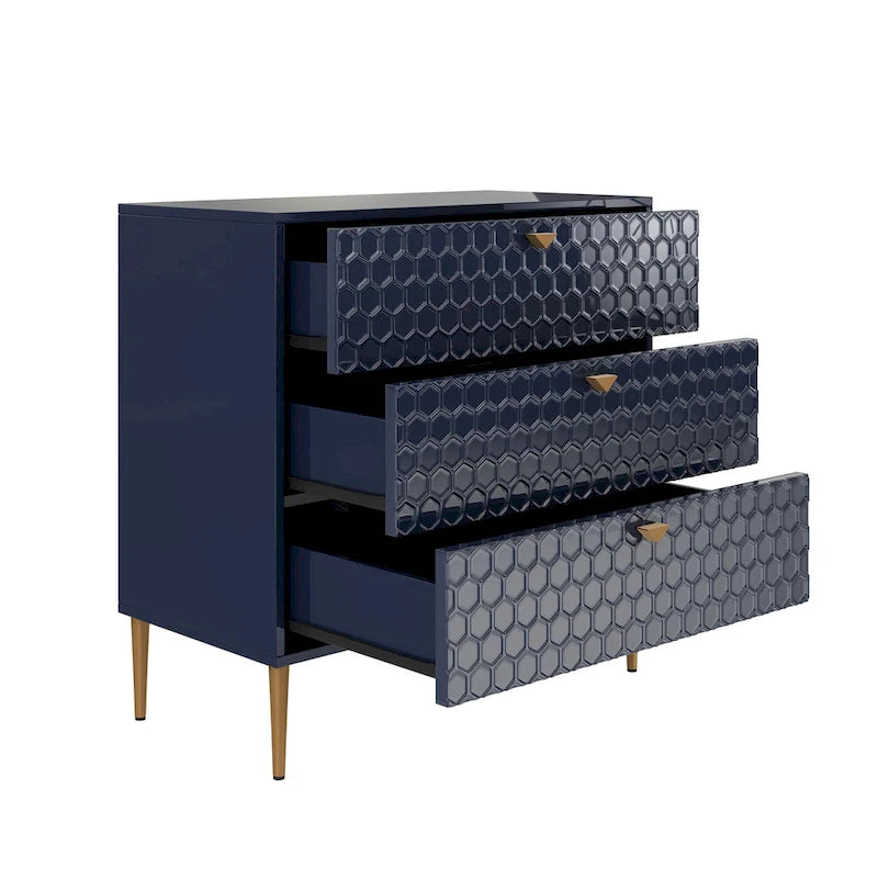 Commode à 3 tiroirs noire / blanche / bleue / verte avec pieds en métal doré – Unité individuelle