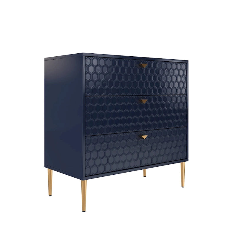 Commode à 3 tiroirs noire / blanche / bleue / verte avec pieds en métal doré – Unité individuelle