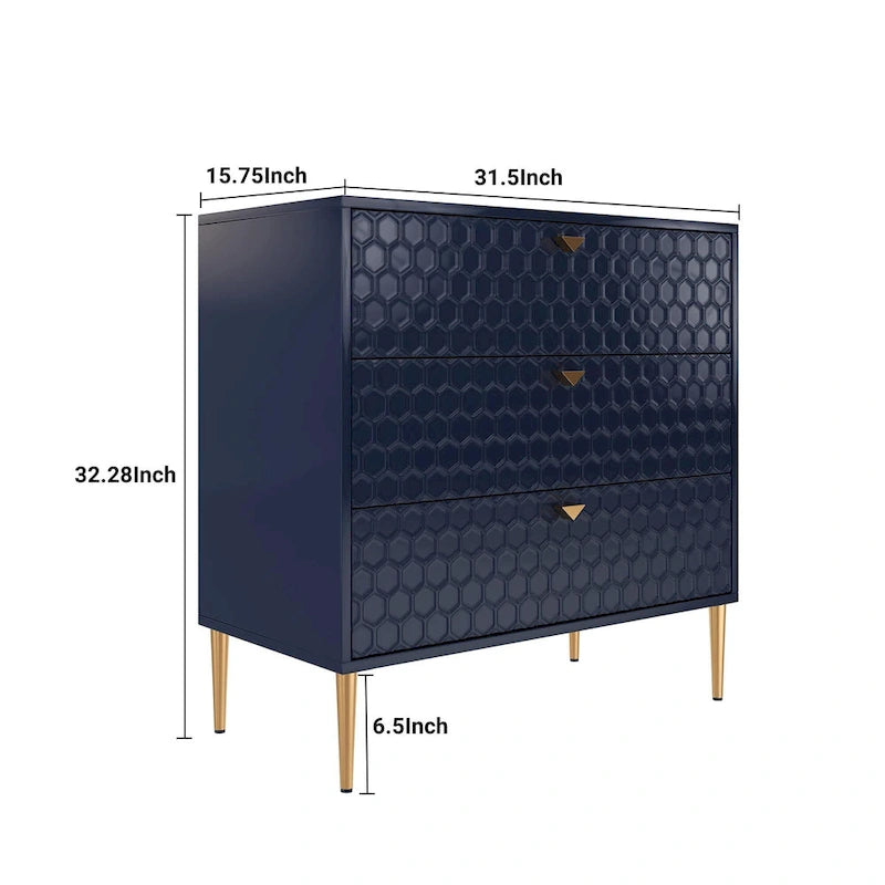 Commode à 3 tiroirs noire / blanche / bleue / verte avec pieds en métal doré – Unité individuelle