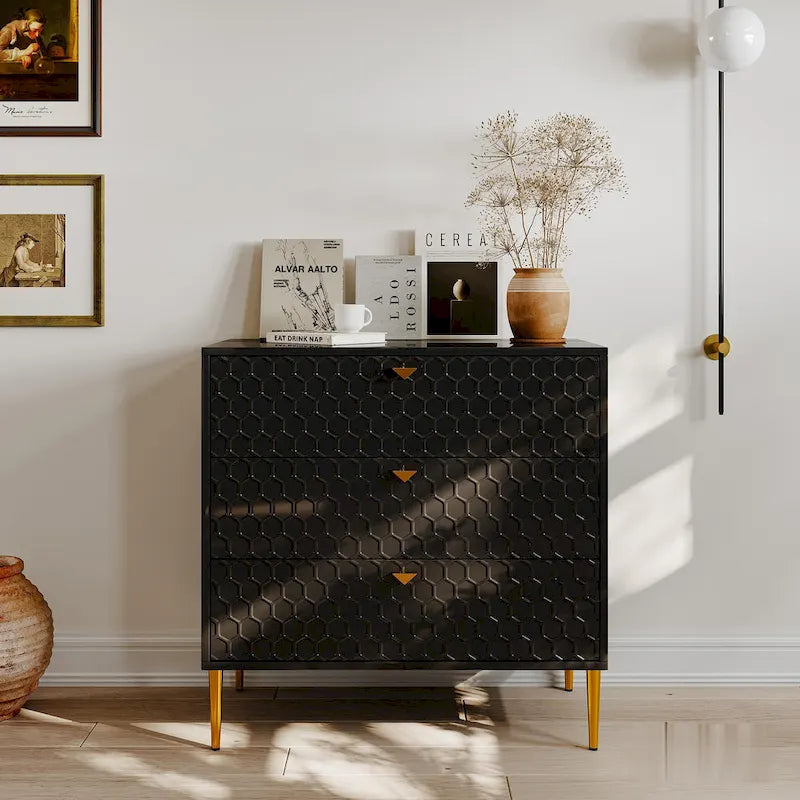 Commode à 3 tiroirs noire / blanche / bleue / verte avec pieds en métal doré – Unité individuelle