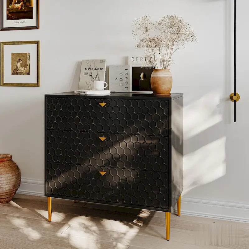 Commode à 3 tiroirs noire / blanche / bleue / verte avec pieds en métal doré – Unité individuelle