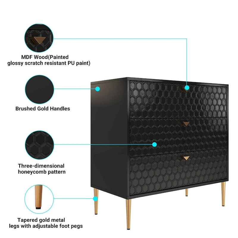 Commode à 3 tiroirs noire / blanche / bleue / verte avec pieds en métal doré – Unité individuelle