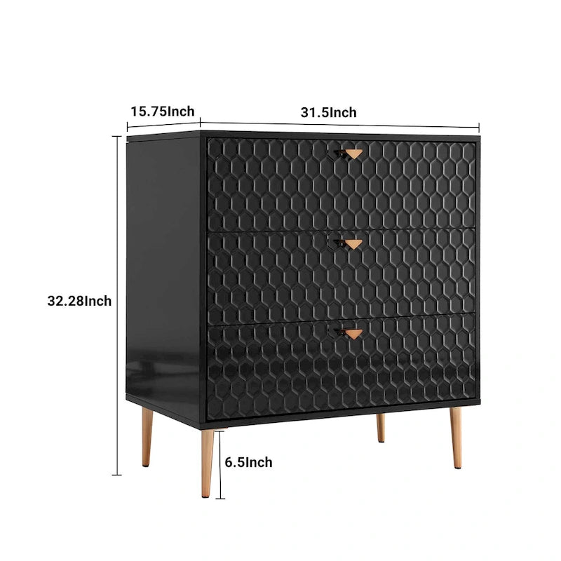 Commode à 3 tiroirs noire / blanche / bleue / verte avec pieds en métal doré – Unité individuelle