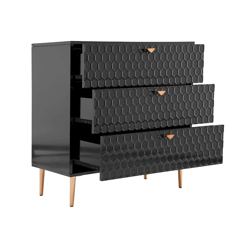 Commode à 3 tiroirs noire / blanche / bleue / verte avec pieds en métal doré – Unité individuelle