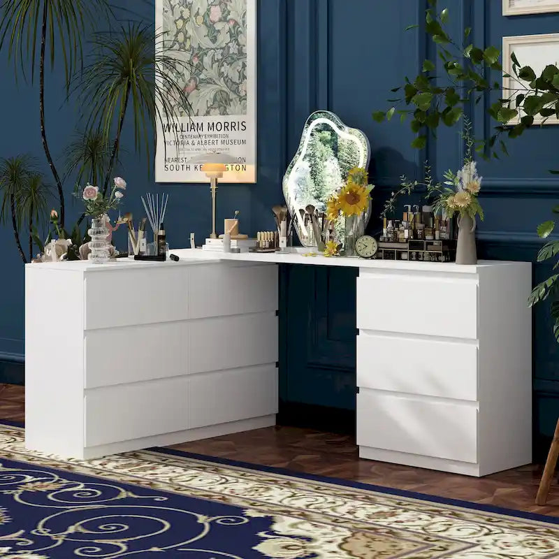 Commode / Coiffeuse / Bureau simple, extensible, blanche, à 9 tiroirs