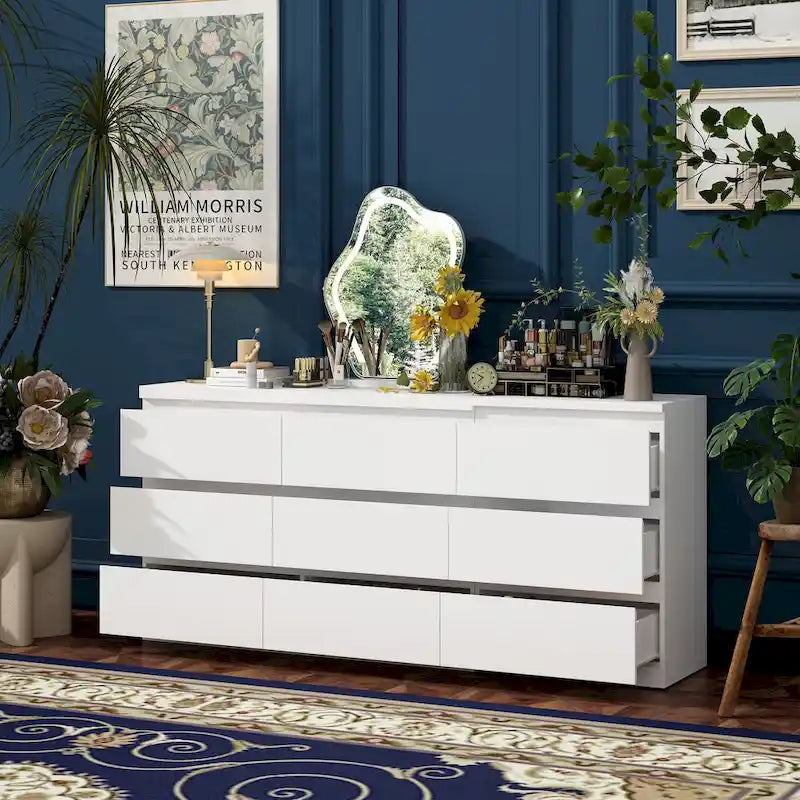 Commode / Coiffeuse / Bureau simple, extensible, blanche, à 9 tiroirs