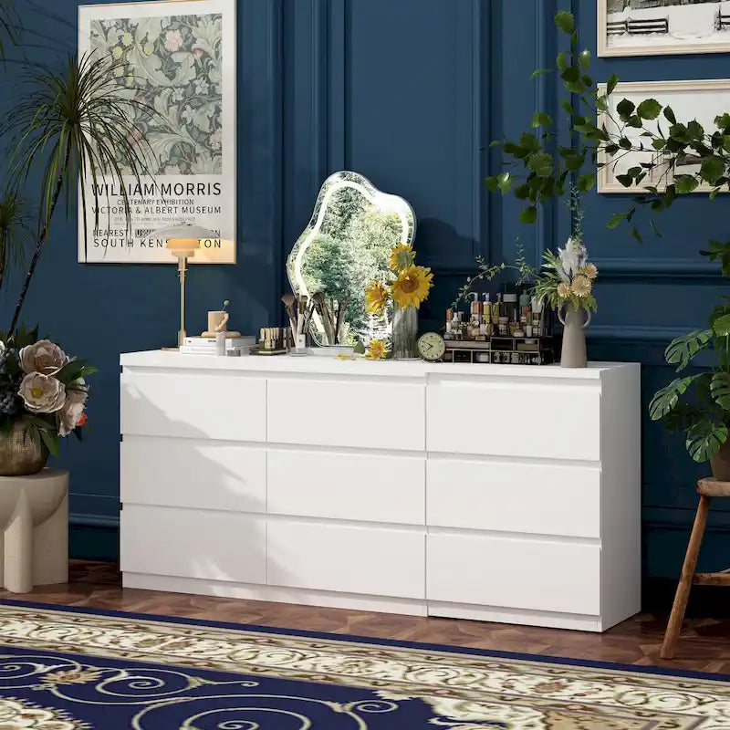 Commode / Coiffeuse / Bureau simple, extensible, blanche, à 9 tiroirs