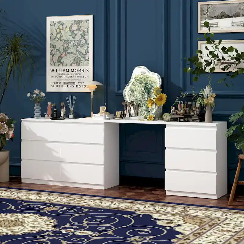 Commode / Coiffeuse / Bureau simple, extensible, blanche, à 9 tiroirs