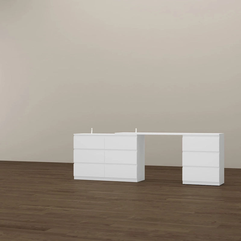 Commode / Coiffeuse / Bureau simple, extensible, blanche, à 9 tiroirs