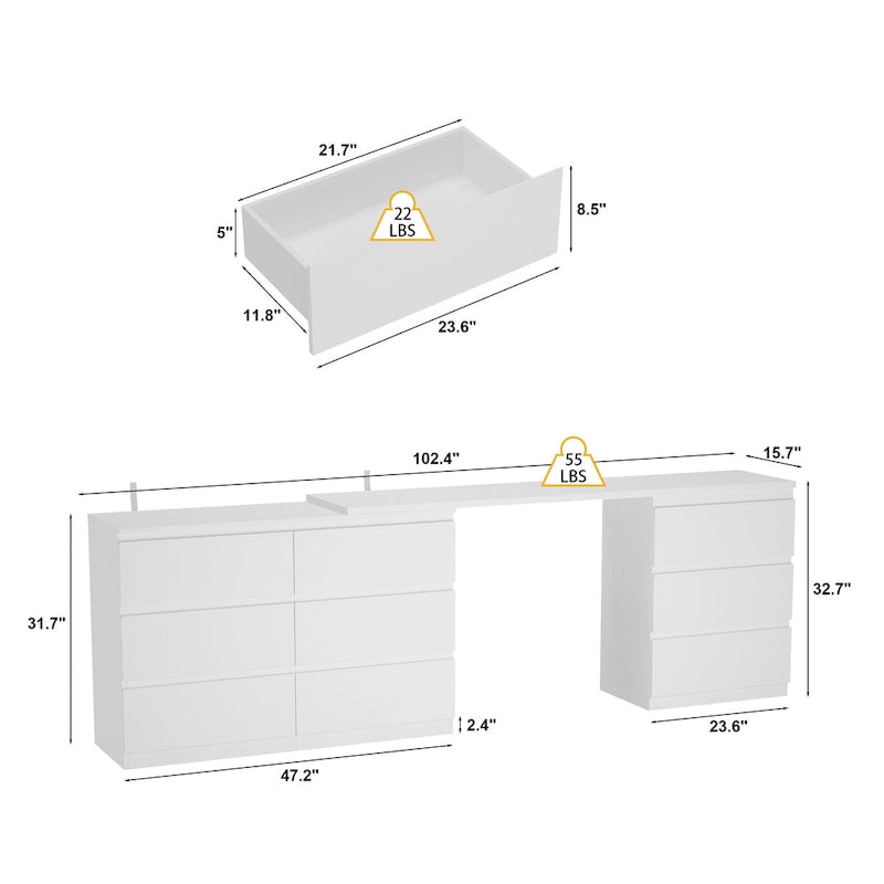 Commode / Coiffeuse / Bureau simple, extensible, blanche, à 9 tiroirs