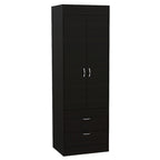 Armoire avec double portes, 2 tiroirs et tringle à vêtements – un seul article – Noir / Blanc / Gris / Chêne clair / Chêne fumé