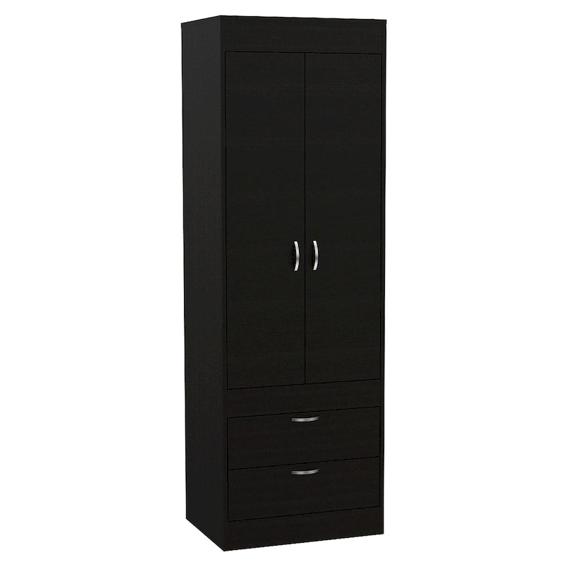 Armoire avec double portes, 2 tiroirs et tringle à vêtements – un seul article – Noir / Blanc / Gris / Chêne clair / Chêne fumé