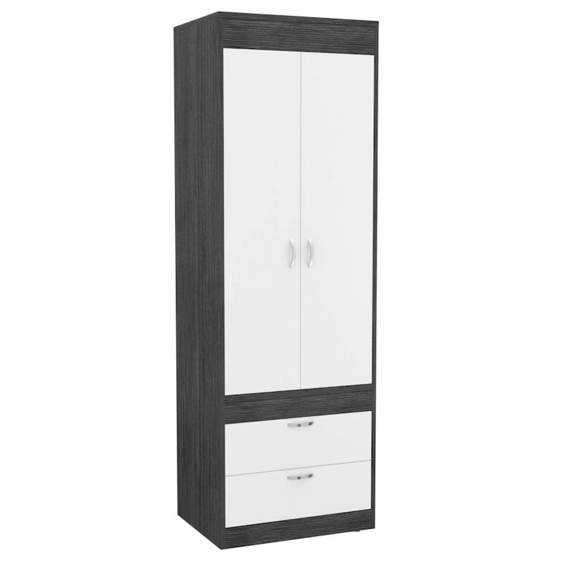 Armoire avec double portes, 2 tiroirs et tringle à vêtements – un seul article – Noir / Blanc / Gris / Chêne clair / Chêne fumé
