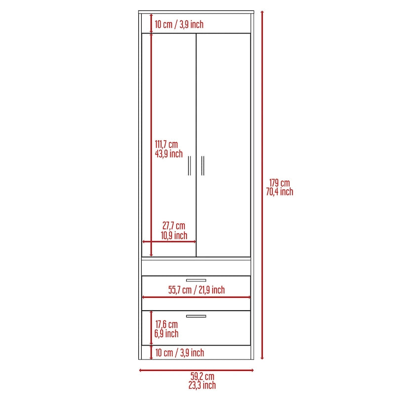 Armoire avec double portes, 2 tiroirs et tringle à vêtements – un seul article – Noir / Blanc / Gris / Chêne clair / Chêne fumé