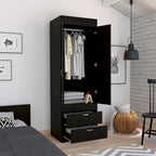 Armoire avec double portes, 2 tiroirs et tringle à vêtements – un seul article – Noir / Blanc / Gris / Chêne clair / Chêne fumé