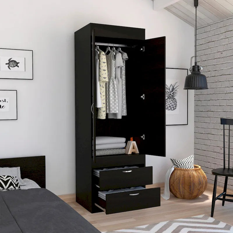 Armoire avec double portes, 2 tiroirs et tringle à vêtements – un seul article – Noir / Blanc / Gris / Chêne clair / Chêne fumé