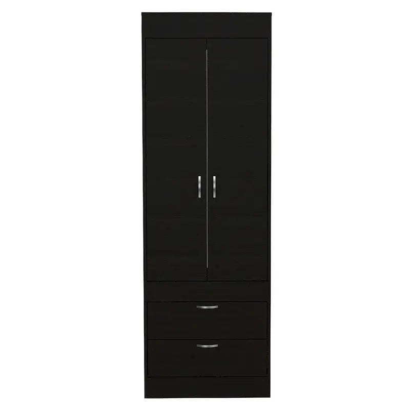 Armoire avec double portes, 2 tiroirs et tringle à vêtements – un seul article – Noir / Blanc / Gris / Chêne clair / Chêne fumé