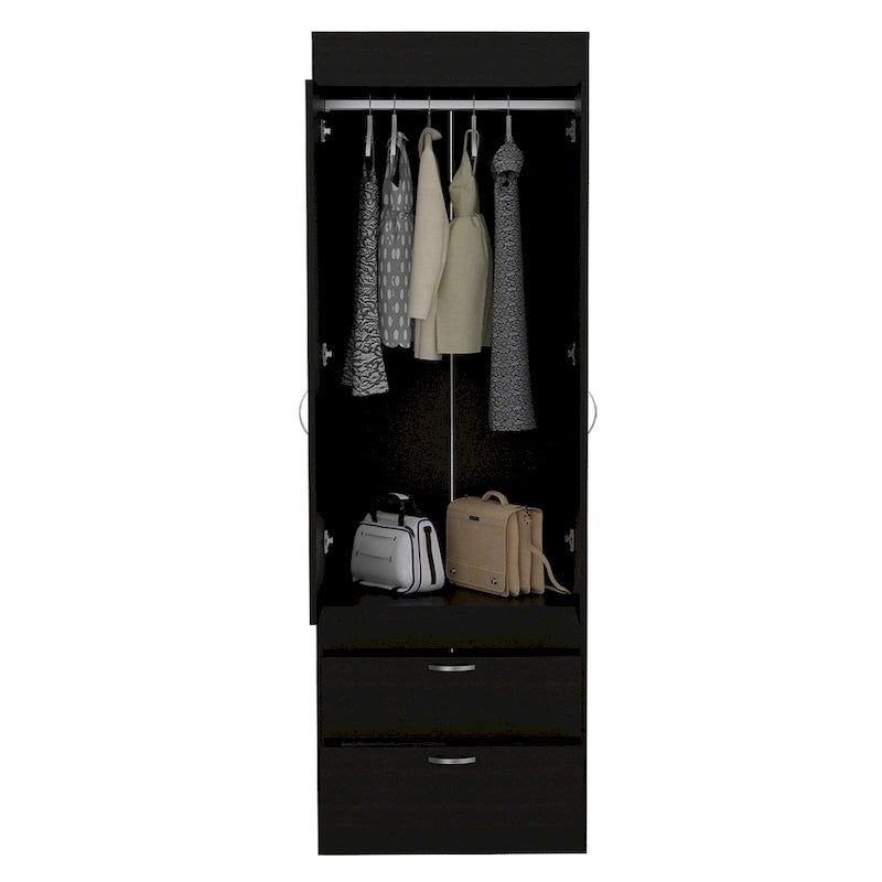 Armoire avec double portes, 2 tiroirs et tringle à vêtements – un seul article – Noir / Blanc / Gris / Chêne clair / Chêne fumé