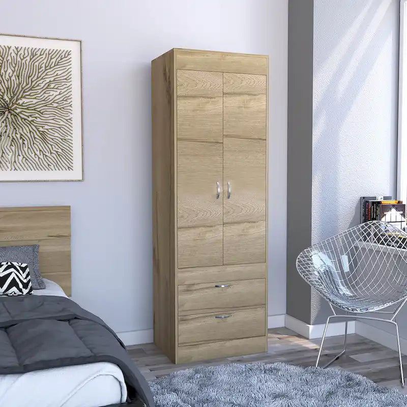 Armoire avec double portes, 2 tiroirs et tringle à vêtements – un seul article – Noir / Blanc / Gris / Chêne clair / Chêne fumé