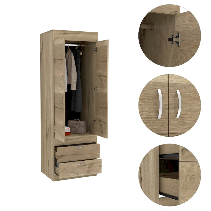 Armoire avec double portes, 2 tiroirs et tringle à vêtements – un seul article – Noir / Blanc / Gris / Chêne clair / Chêne fumé