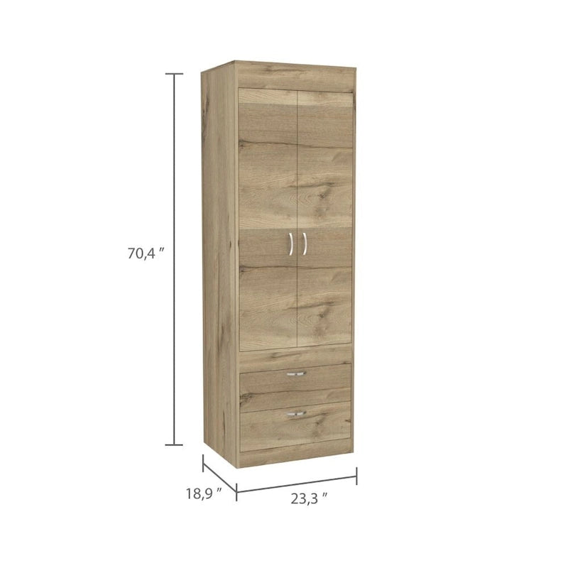 Armoire avec double portes, 2 tiroirs et tringle à vêtements – un seul article – Noir / Blanc / Gris / Chêne clair / Chêne fumé