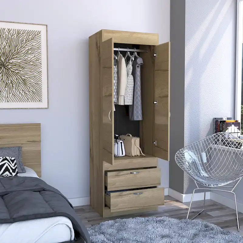 Armoire avec double portes, 2 tiroirs et tringle à vêtements – un seul article – Noir / Blanc / Gris / Chêne clair / Chêne fumé
