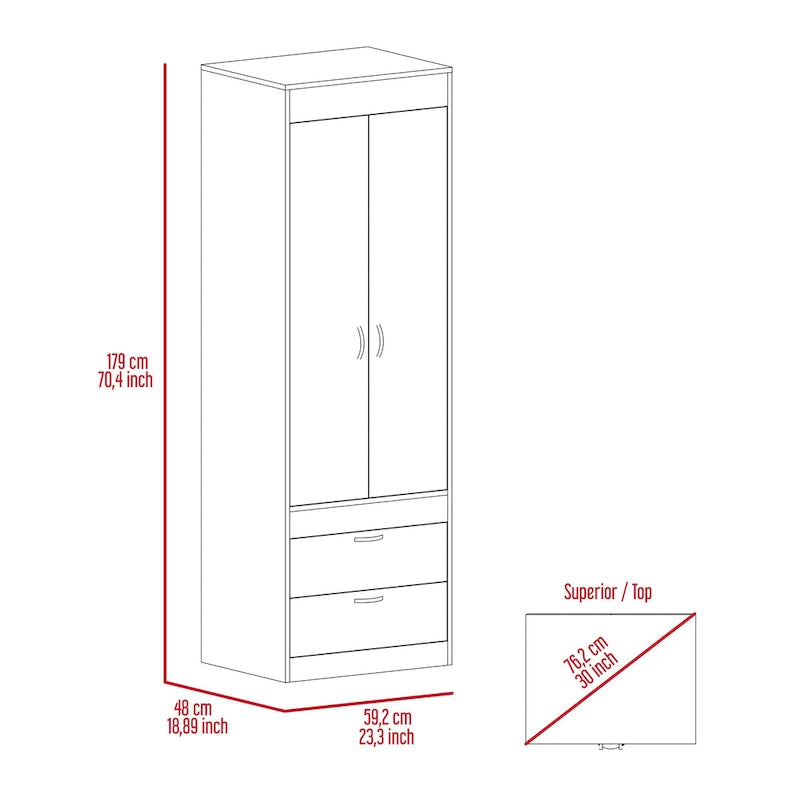 Armoire avec double portes, 2 tiroirs et tringle à vêtements – un seul article – Noir / Blanc / Gris / Chêne clair / Chêne fumé