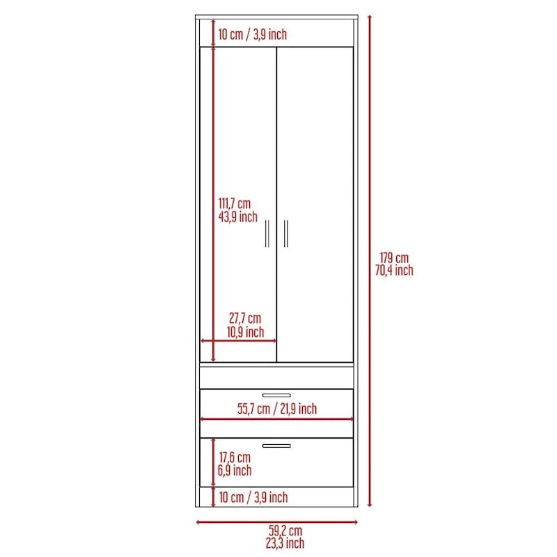 Armoire avec double portes, 2 tiroirs et tringle à vêtements – un seul article – Noir / Blanc / Gris / Chêne clair / Chêne fumé