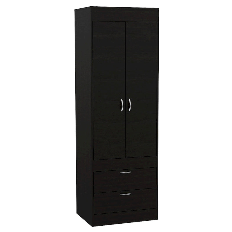 Armoire avec double portes, 2 tiroirs et tringle à vêtements – un seul article – Noir / Blanc / Gris / Chêne clair / Chêne fumé