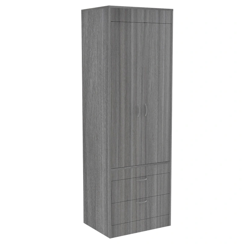 Armoire avec double portes, 2 tiroirs et tringle à vêtements – un seul article – Noir / Blanc / Gris / Chêne clair / Chêne fumé