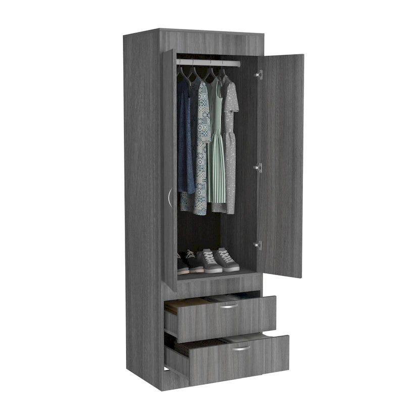 Armoire avec double portes, 2 tiroirs et tringle à vêtements – un seul article – Noir / Blanc / Gris / Chêne clair / Chêne fumé