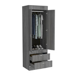 Armoire avec double portes, 2 tiroirs et tringle à vêtements – un seul article – Noir / Blanc / Gris / Chêne clair / Chêne fumé