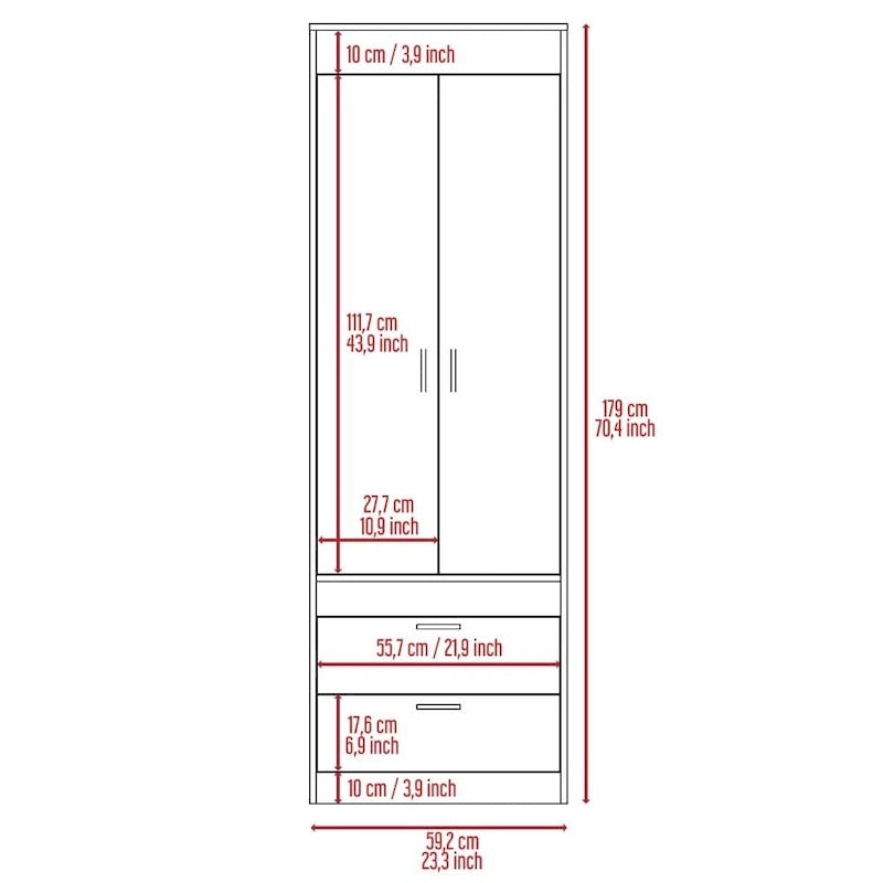 Armoire avec double portes, 2 tiroirs et tringle à vêtements – un seul article – Noir / Blanc / Gris / Chêne clair / Chêne fumé
