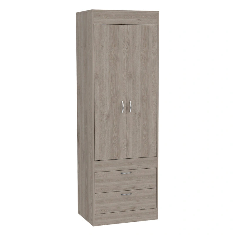 Armoire avec double portes, 2 tiroirs et tringle à vêtements – un seul article – Noir / Blanc / Gris / Chêne clair / Chêne fumé