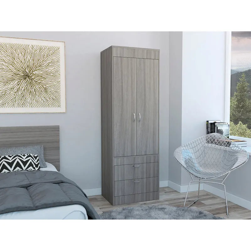 Armoire avec double portes, 2 tiroirs et tringle à vêtements – un seul article – Noir / Blanc / Gris / Chêne clair / Chêne fumé
