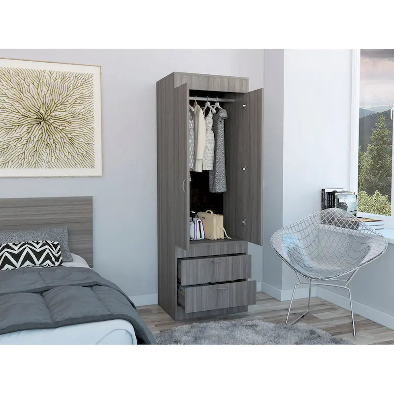 Armoire avec double portes, 2 tiroirs et tringle à vêtements – un seul article – Noir / Blanc / Gris / Chêne clair / Chêne fumé