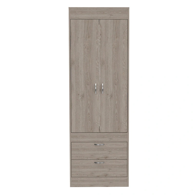 Armoire avec double portes, 2 tiroirs et tringle à vêtements – un seul article – Noir / Blanc / Gris / Chêne clair / Chêne fumé