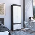 Armoire avec double portes, 2 tiroirs et tringle à vêtements – un seul article – Noir / Blanc / Gris / Chêne clair / Chêne fumé