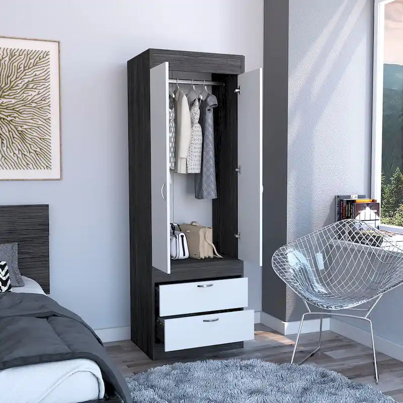 Armoire avec double portes, 2 tiroirs et tringle à vêtements – un seul article – Noir / Blanc / Gris / Chêne clair / Chêne fumé