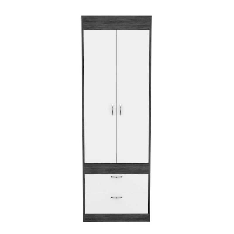 Armoire avec double portes, 2 tiroirs et tringle à vêtements – un seul article – Noir / Blanc / Gris / Chêne clair / Chêne fumé
