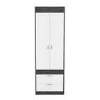 Armoire avec double portes, 2 tiroirs et tringle à vêtements – un seul article – Noir / Blanc / Gris / Chêne clair / Chêne fumé